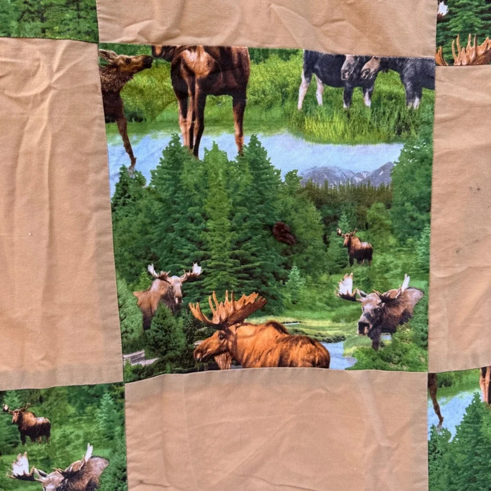 Handmade Vintage Moose Patchwork Quilt Blanket Brown Green Rustic Cabin Lodge